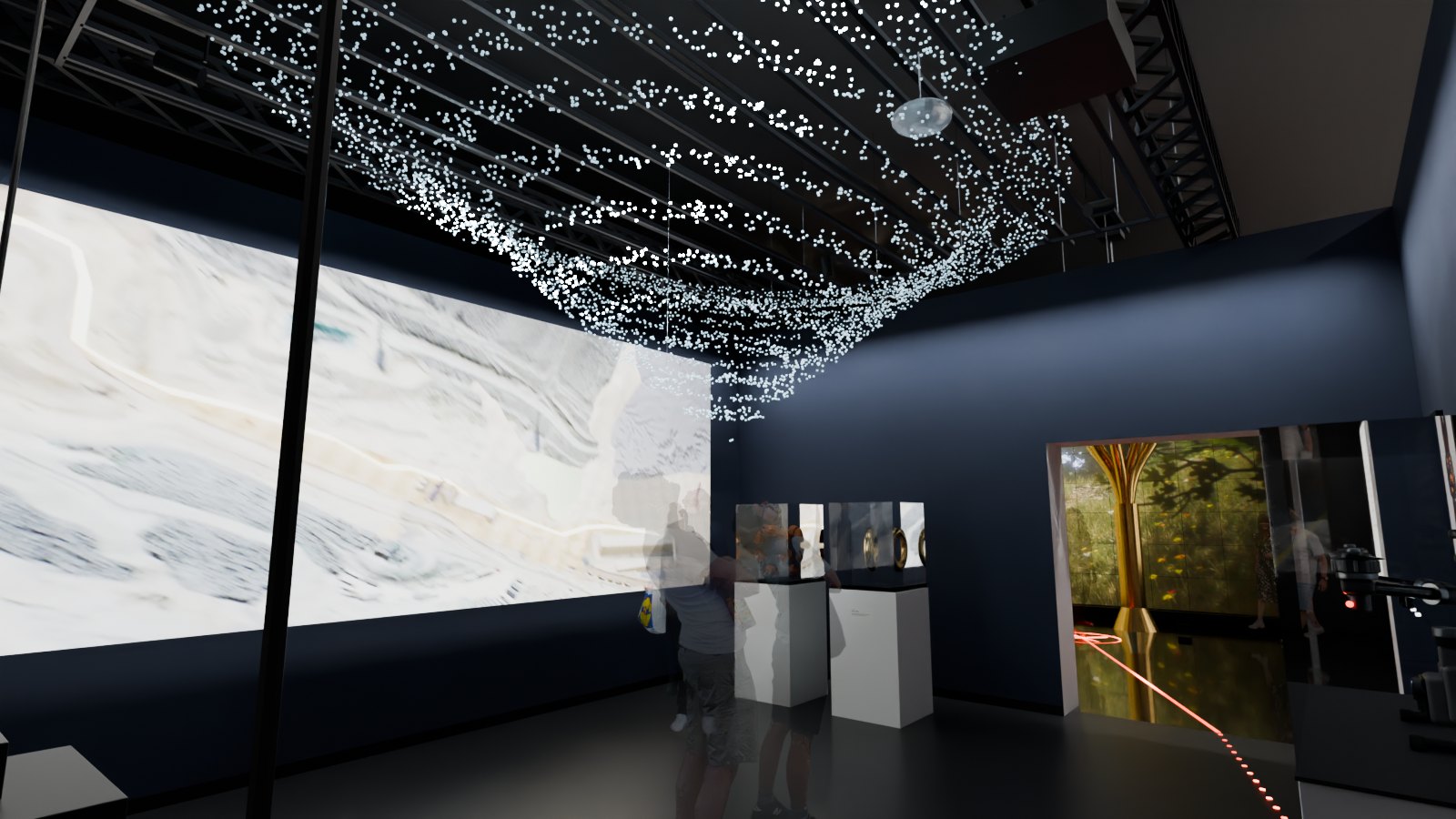 Render de la sala POINT: gemelo digital minero y tecnología inmersiva integrados en un espacio expositivo